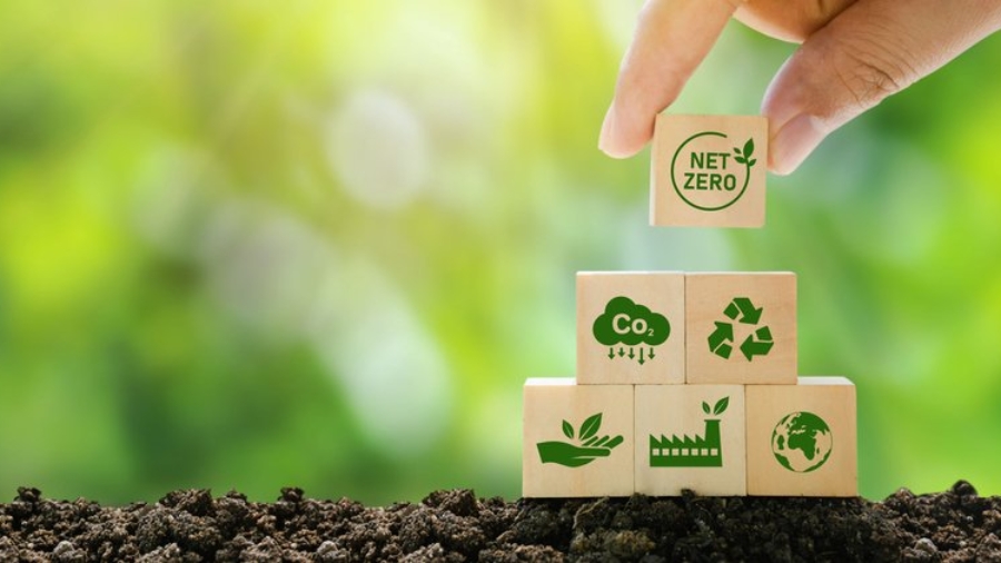 Net Zero and Carbon Neutral Concepts Net Zero Emissions Goals A climate-neutral long-term strategy Ready to put wooden blocks by hand with green net center icon and green icon on gray background.